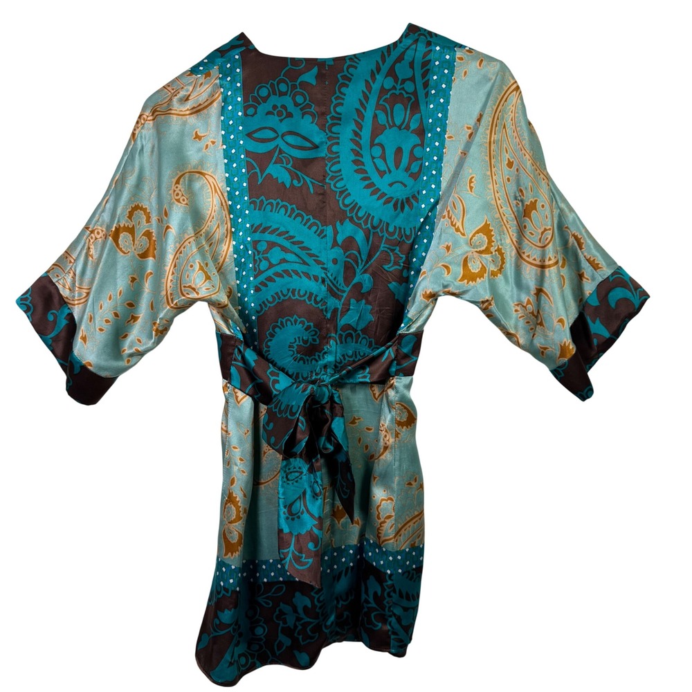VTG Gala Small Kimono Style Blouse Y2K Top 100% Silk Teal Brown VNeck Belted - Picture 4 of 6